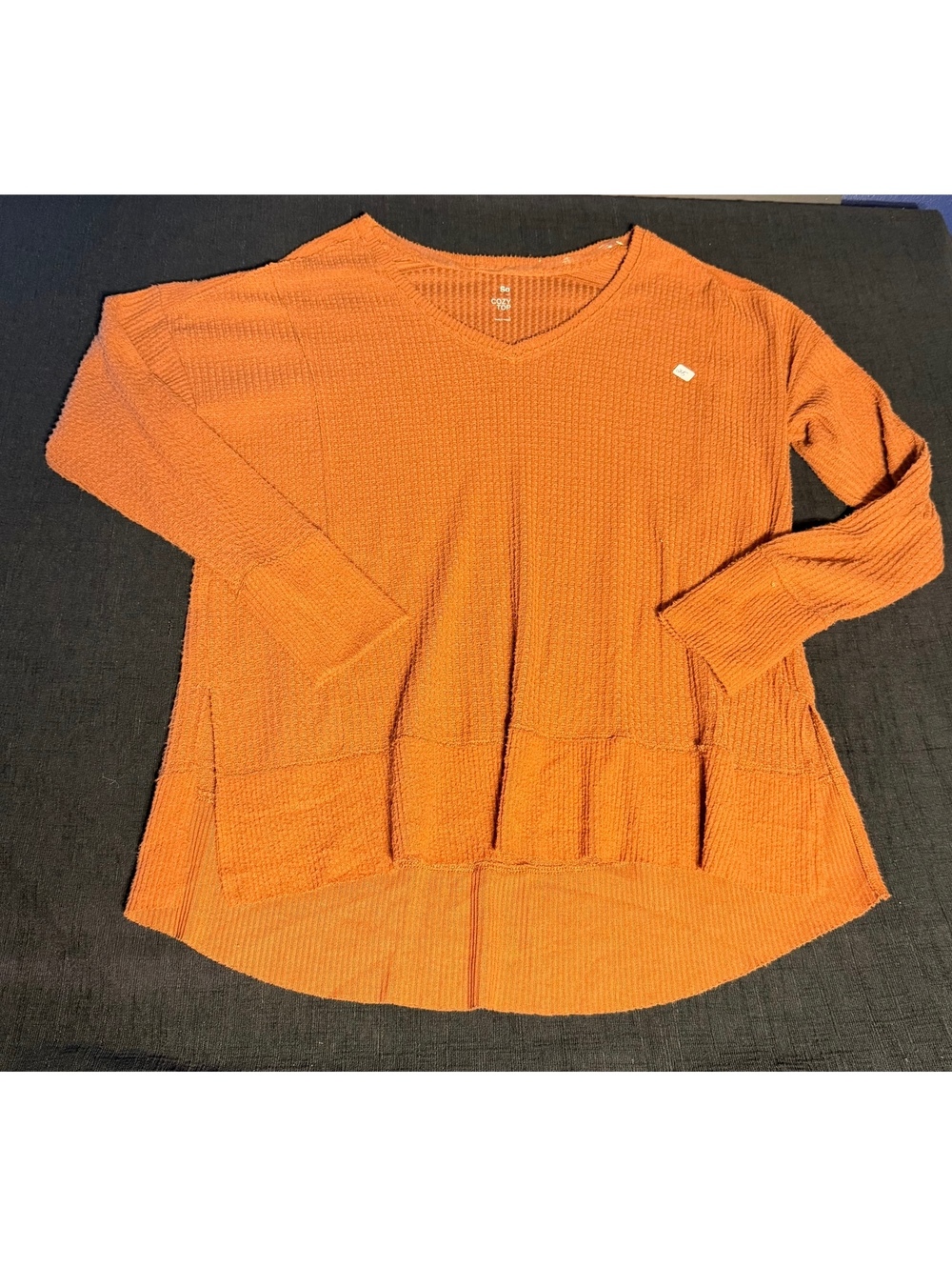So Cozy Women's Orange Waffle Knit V-Neck Long Sleeve Pullover Top